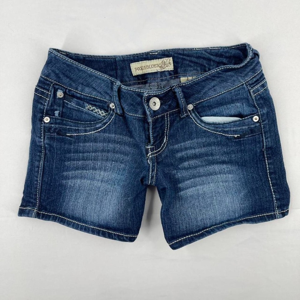 Y2K Low Rise Jean Denim Shorts Dark Wash Grunge 2010s Embroidered Faded 1 XS 26